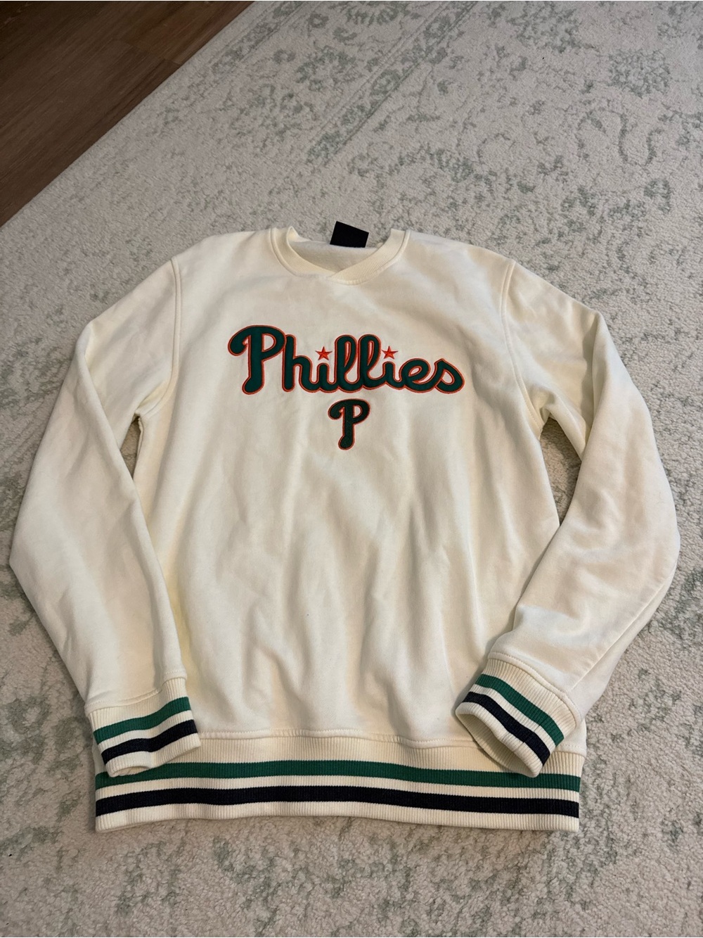 New Era Cream Phillies Logo Crewneck with Green & Navy Trim